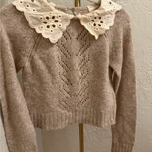 ASTR The Label Beige Knit Crewneck Sweater with Scalloped Lace Collar